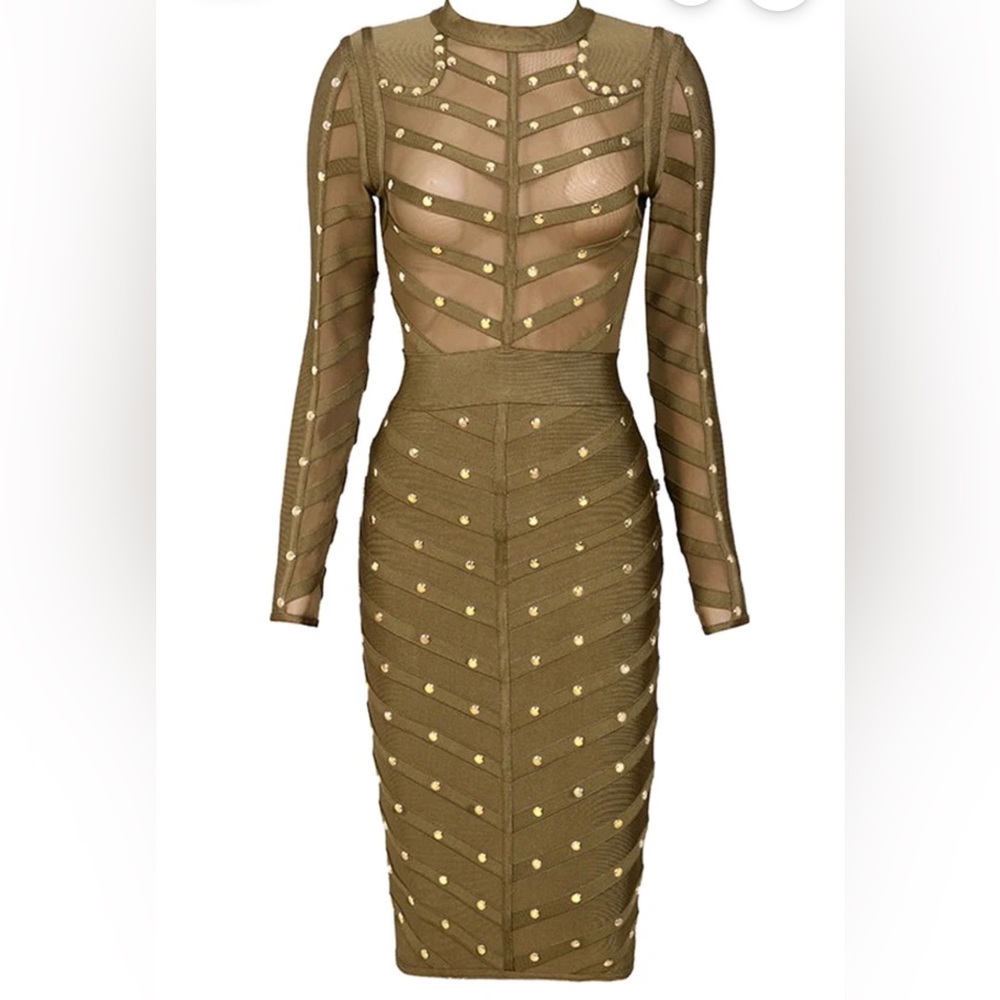 Olive Green Gold Studded Long Sleeve Mesh Midi Dress
